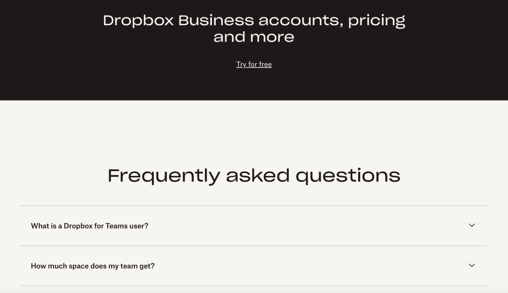 Dropbox's FAQ page employs a well-organized structure